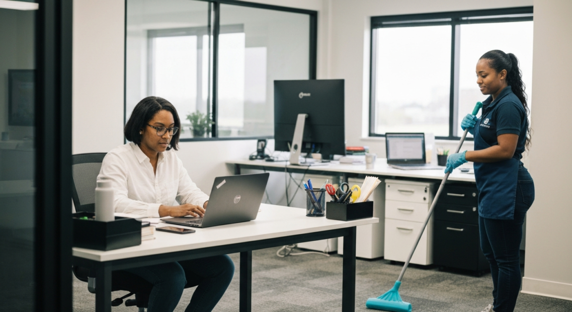 Orlando office worker focused on laptop with professional cleaner working in the background