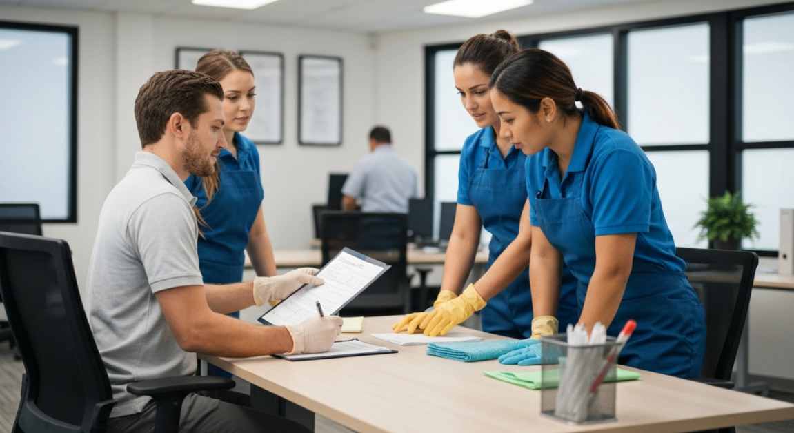 Professional cleaners in an Orlando office reviewing a checklist to ensure quality and safety standards