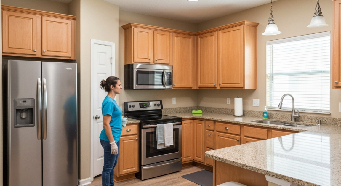 Clean Orlando kitchen with spotless countertops and appliances reflecting quality service standards
