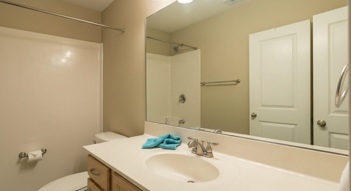 Inspection-ready bathroom in an Orlando home with streak-free mirrors and gleaming fixtures