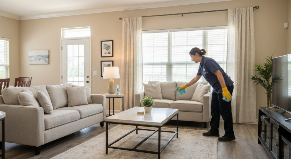 Professional cleaner in an Orlando home, building trust through familiarity with a personalized service routine.