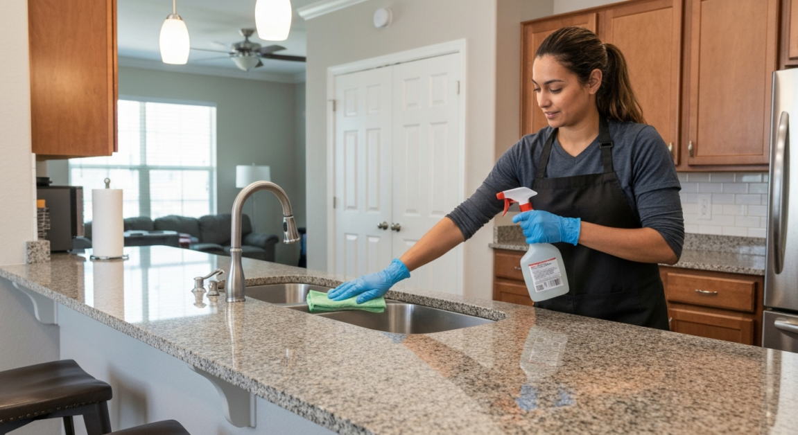 Efficient cleaner swiftly working in a modern Orlando apartment kitchen, enhancing service speed through regularity.