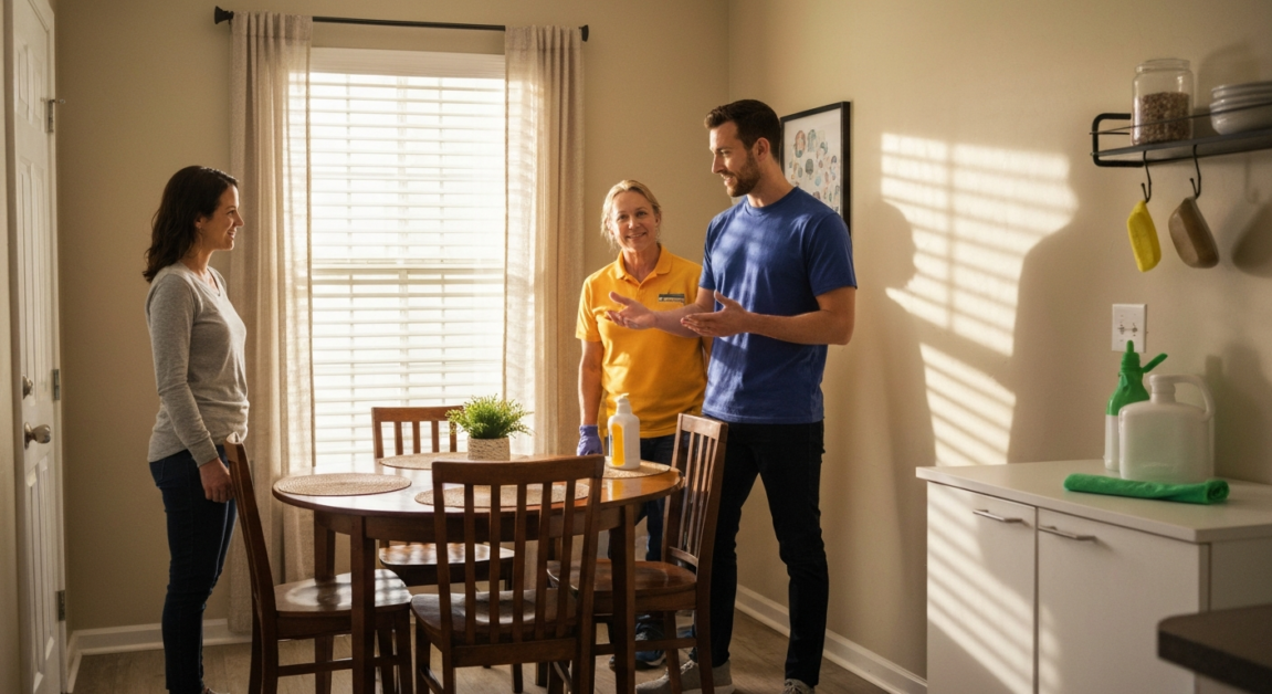 Cleaner and client discussing cleaning preferences in a cozy Orlando home, ensuring service satisfaction through communication.