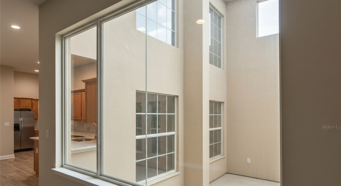 Interior view of a large glass window in an Orlando home with visible dust on exterior surfaces