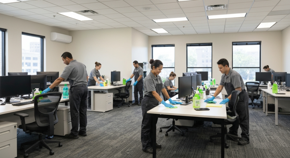 Professional cleaners working in an Orlando office, emphasizing efficiency and cost-effectiveness.