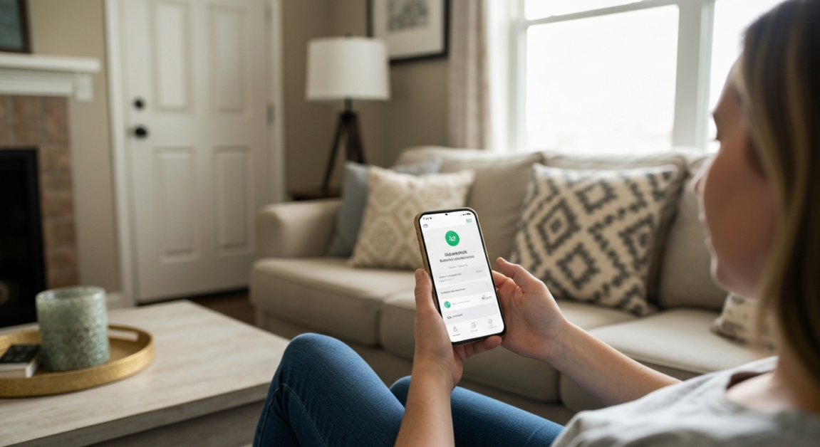 Orlando homeowner using a smartphone for a digital payment in a clean living room