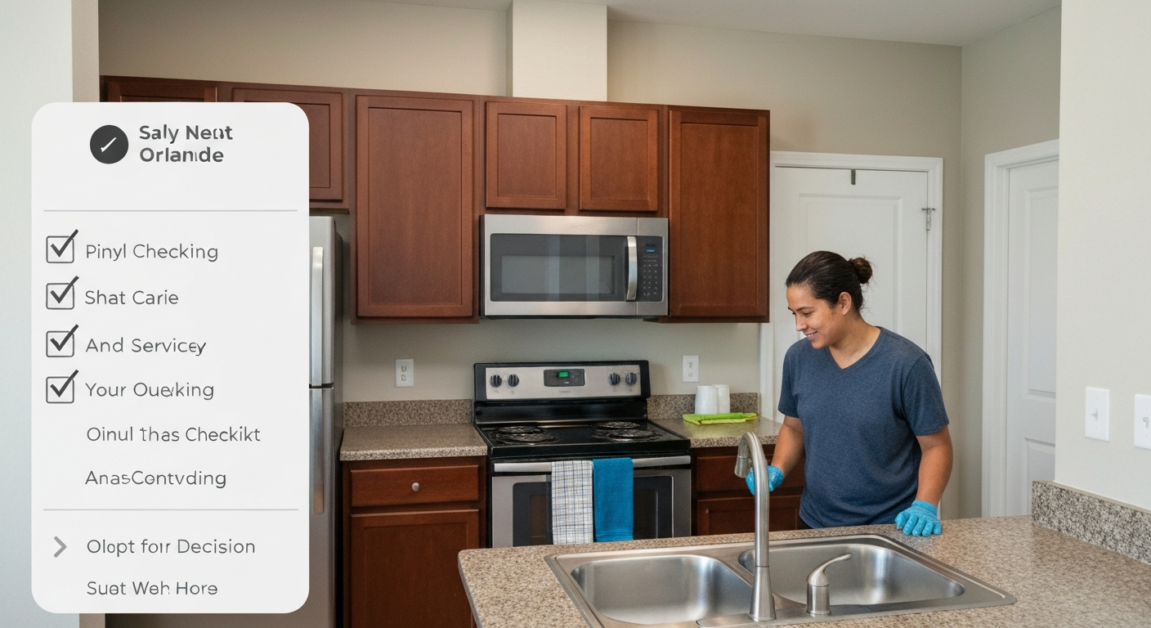 Orlando renter assessing kitchen cleanliness for post-service payment