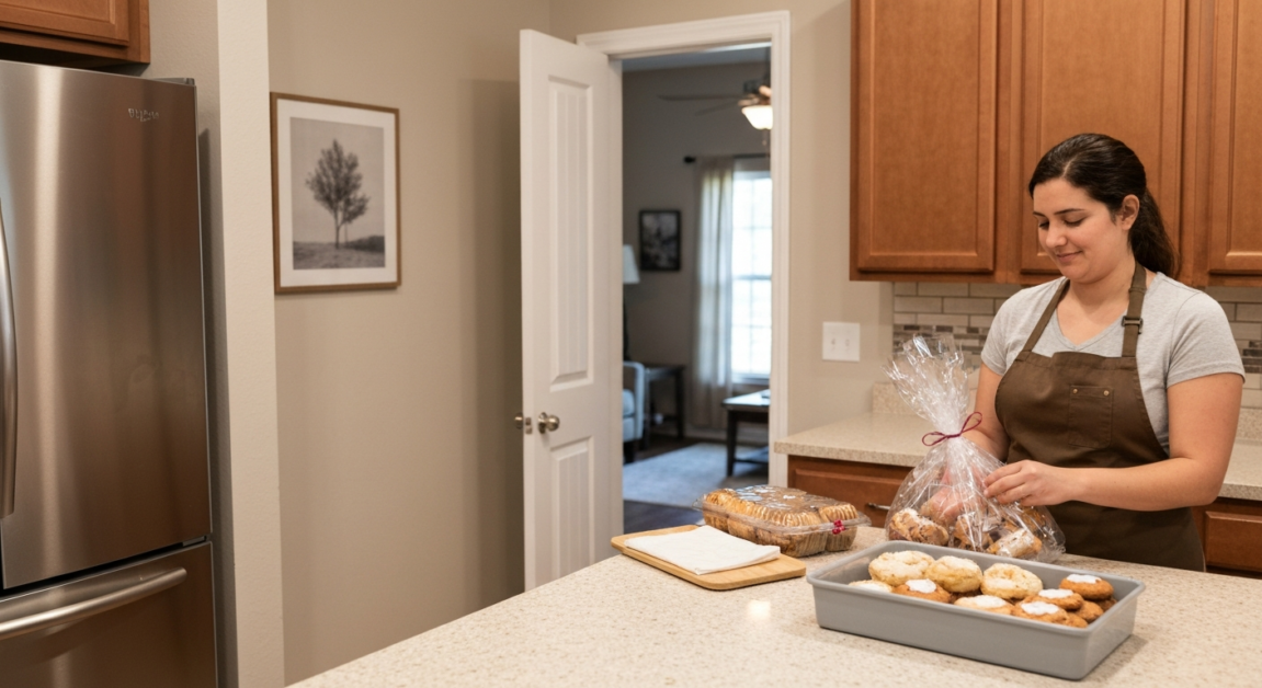Homeowner preparing homemade treats as a token of appreciation for a cleaning service