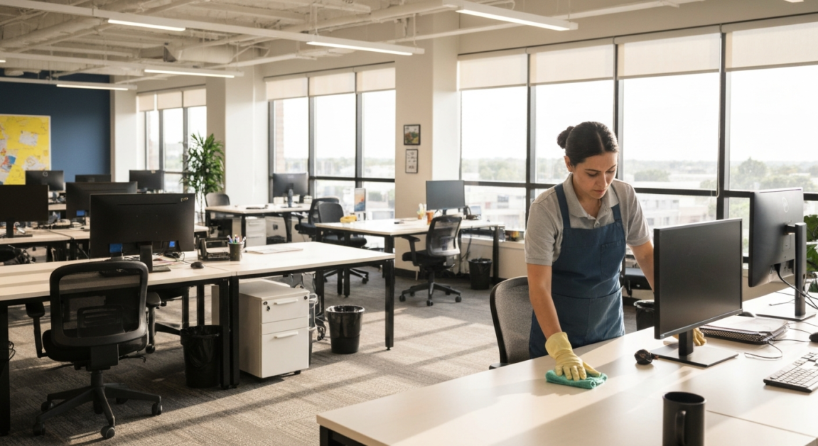 Cleaner wiping a desk in an Orlando office emphasizing insurance for potential damages.
