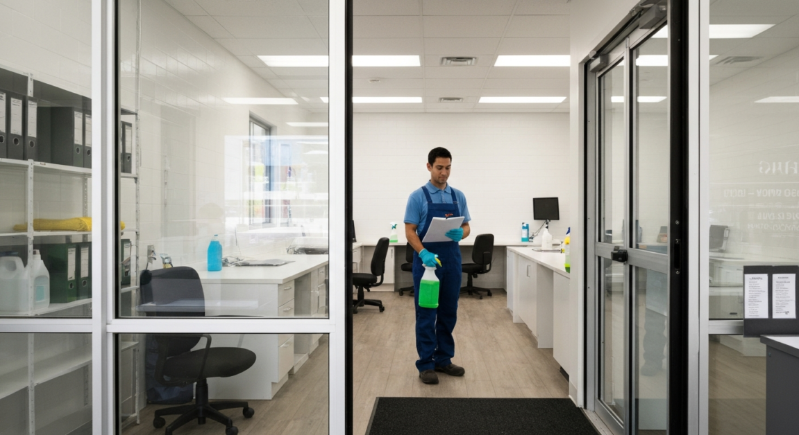 Office cleaner checking off a checklist in an Orlando workspace, emphasizing bonding reliability.