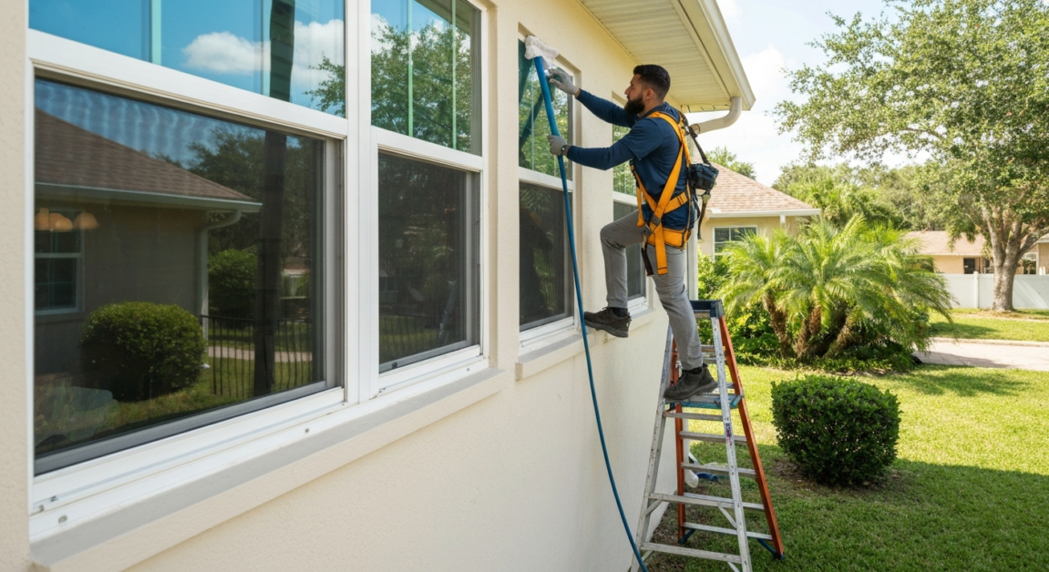 Professional cleaner on ladder with safety harness cleaning high exterior windows in Orlando
