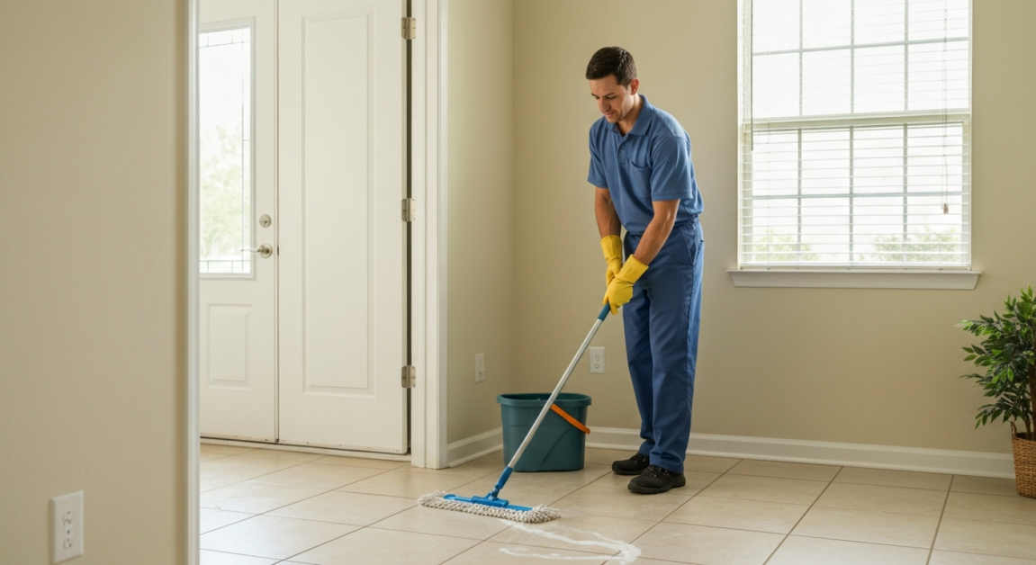 Professional cleaner mopping tile floors in an Orlando home