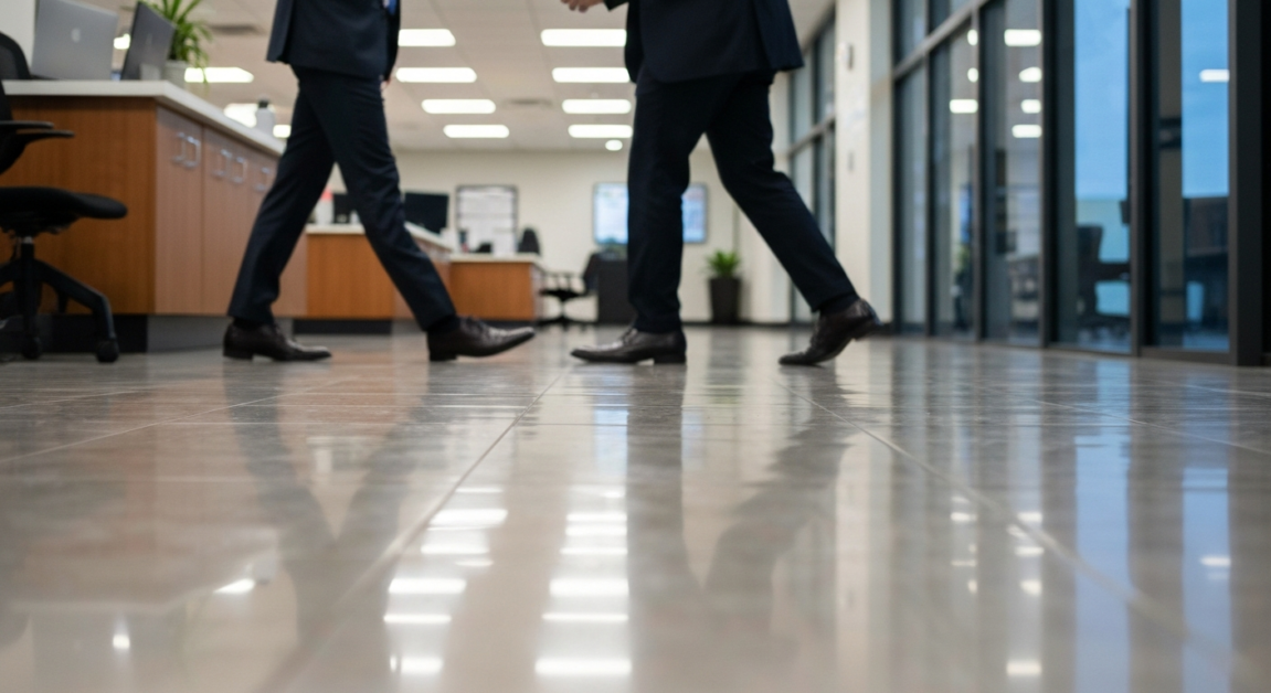 Clean, slip-resistant office floor with reflections and two professionals walking by