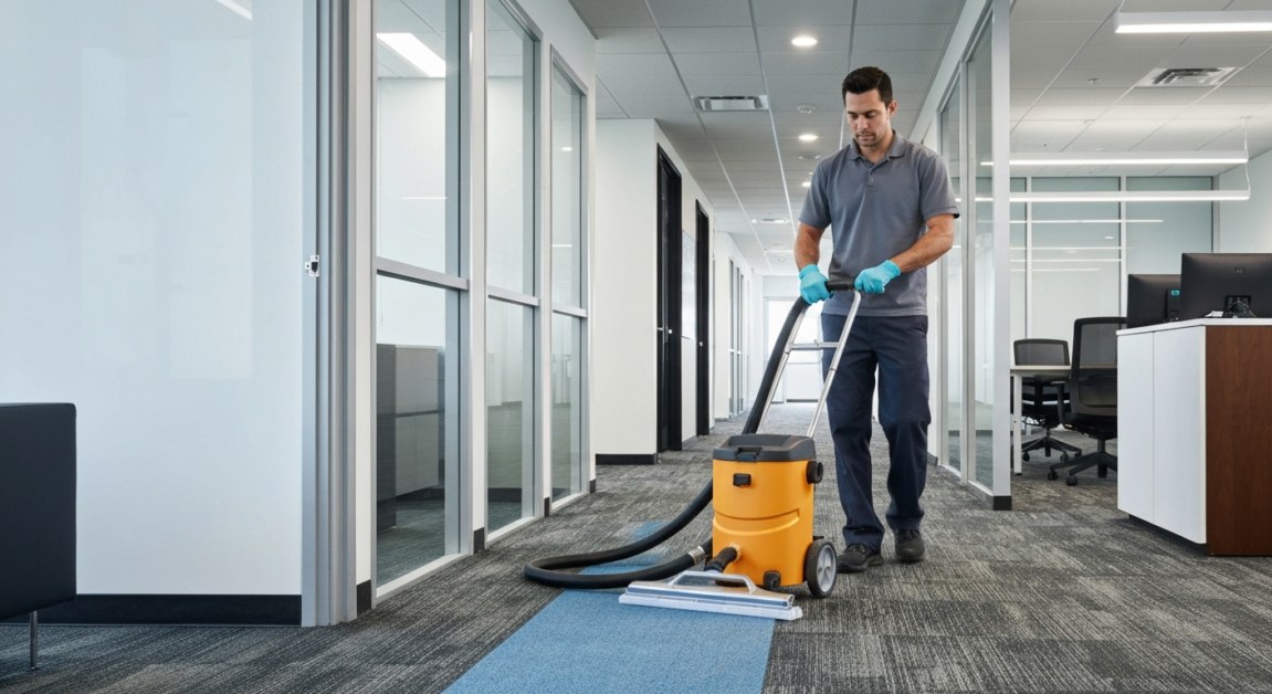 Professional cleaner using a machine for hot water extraction on office carpet