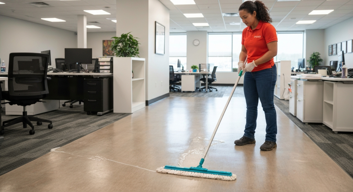 Professional applying a protective sealant on an office's hard floor