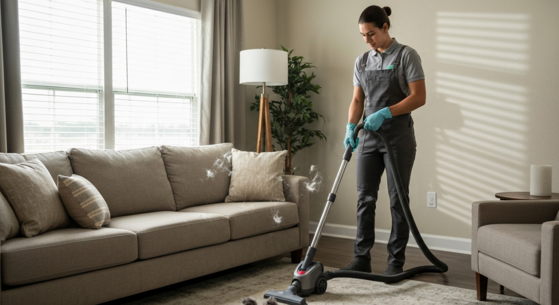 Professional cleaner in Orlando removing pet hair from a sofa with a specialized vacuum attachment.