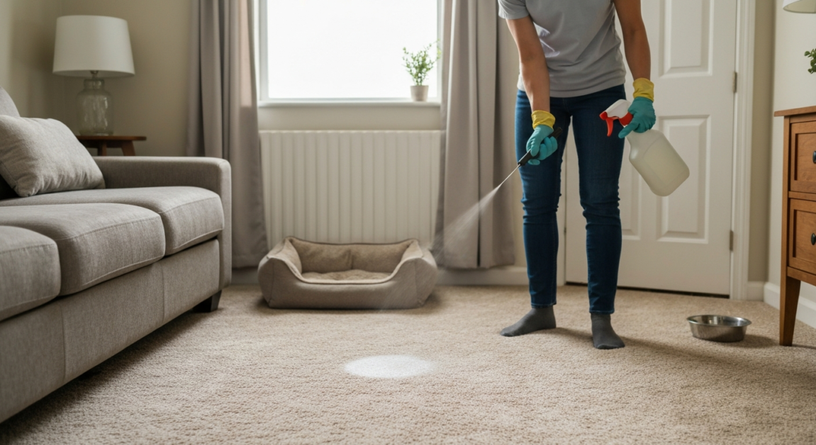 Professional cleaner using eco-friendly deodorizer to remove pet odors in an Orlando home.