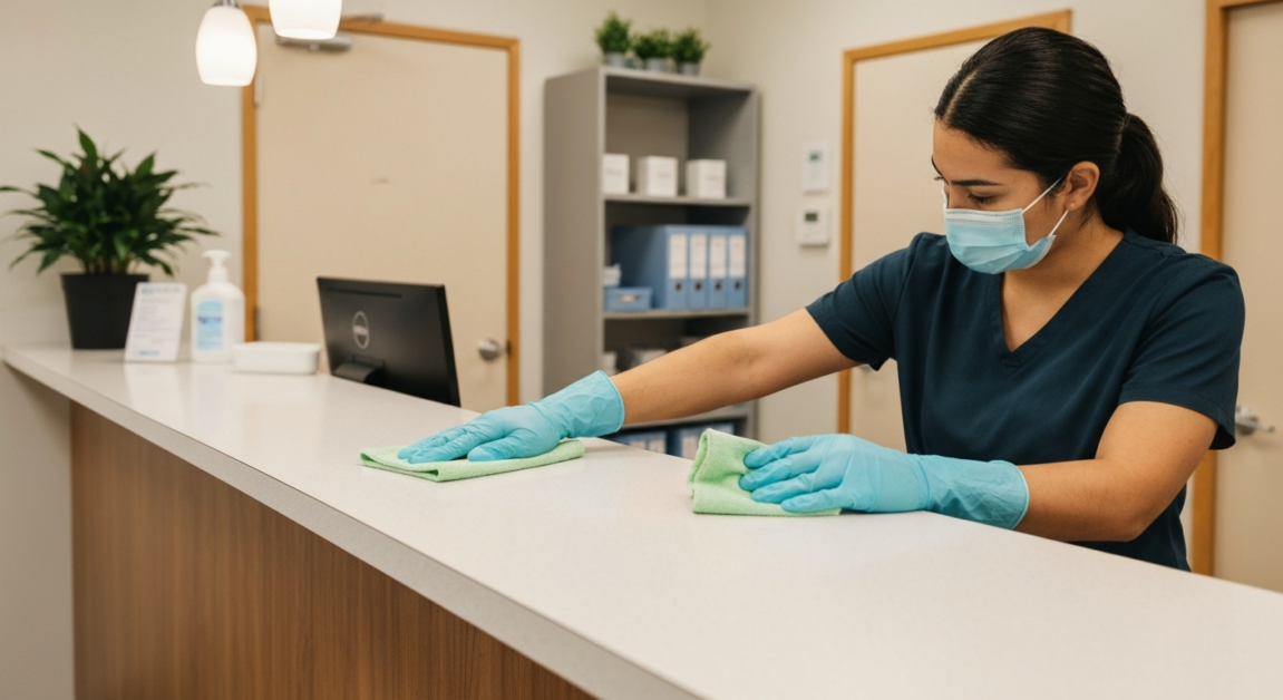 Cleaning staff disinfecting medical office reception counter in Orlando