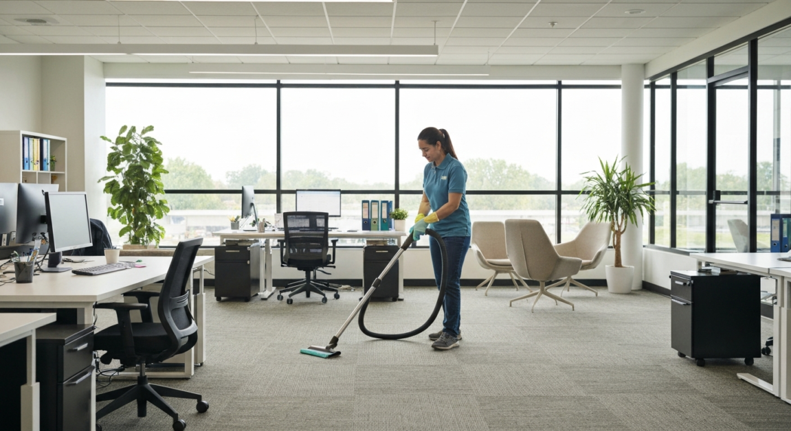 In-house cleaning staff vacuuming carpet in an Orlando office, emphasizing the equipment and management needed for internal teams.