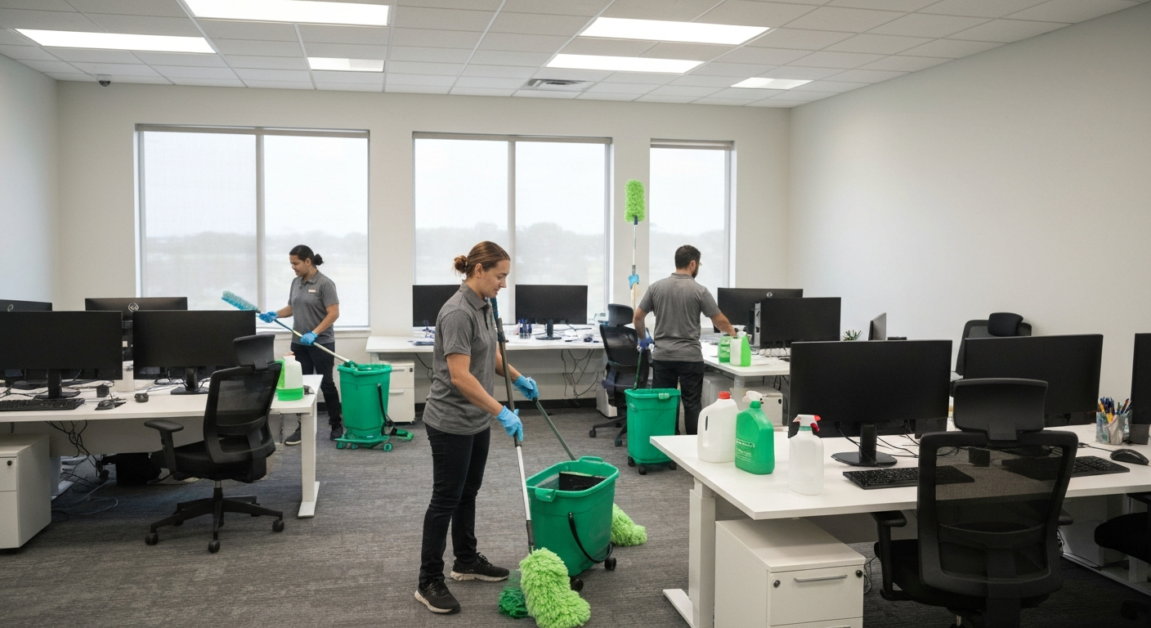 Professional cleaning team in Orlando office using advanced tools, illustrating the efficiency of outsourced services.