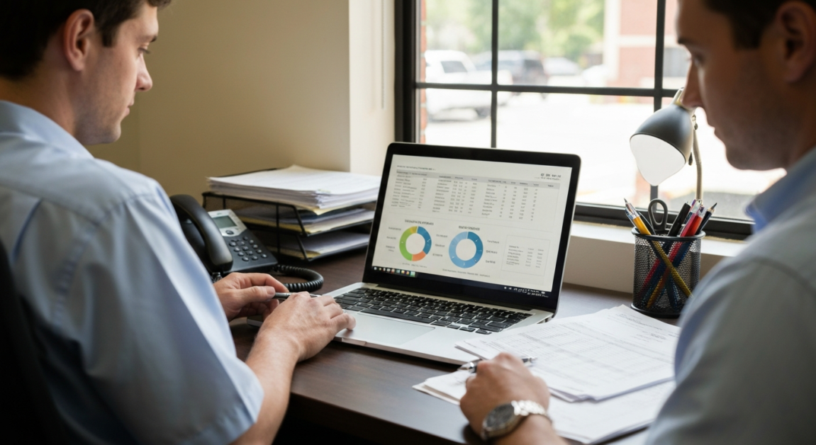 Business manager analyzing office cleaning cost spreadsheets in an Orlando office, evaluating financial strategies.