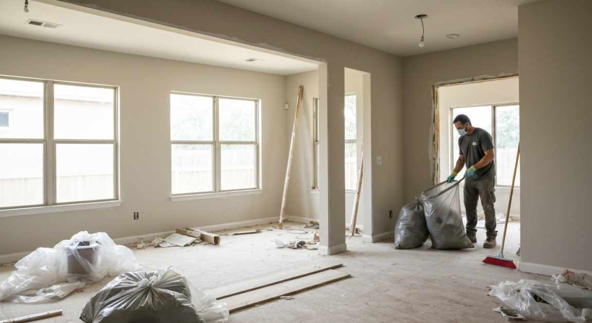 Professional cleaner removing construction debris during the rough clean phase in an Orlando renovation site.