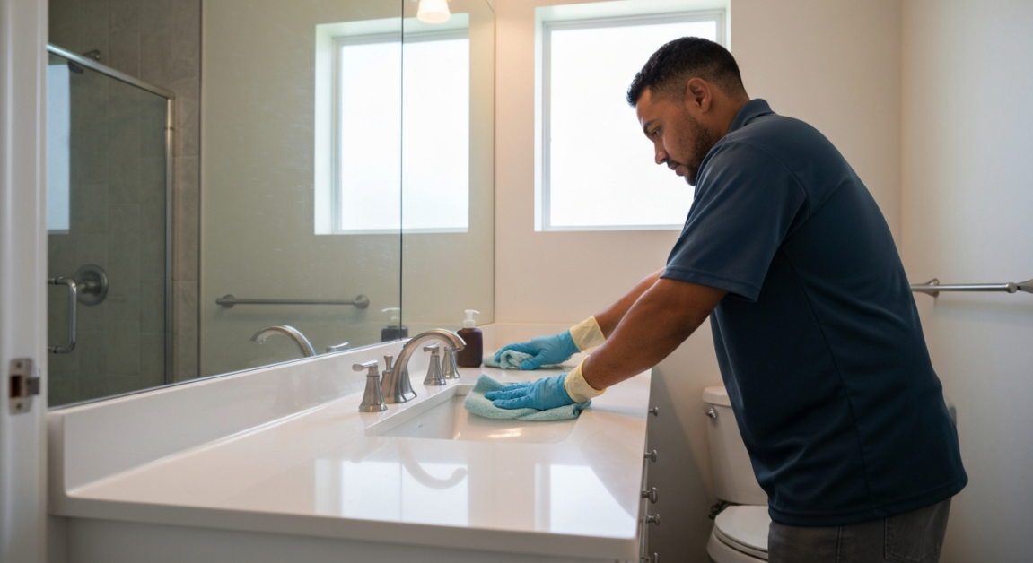 Cleaner detailing a bathroom sink in Orlando during the final clean phase to ensure immaculate results.