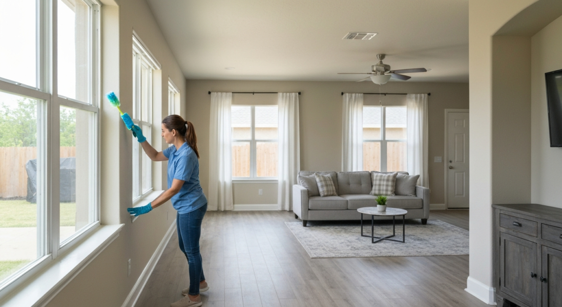 Orlando cleaner performing a touch-up clean in a living area to ensure a spotless, impeccable finish.