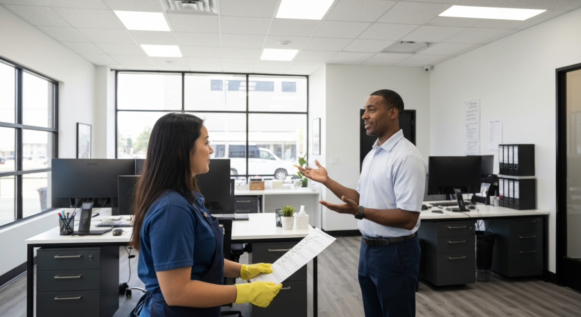 Office manager discussing cleaning schedules with cleaning staff in Orlando workspace