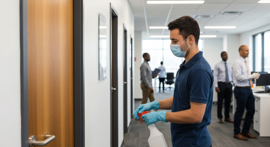 Professional office cleaner sanitizing high-touch surfaces in Orlando.