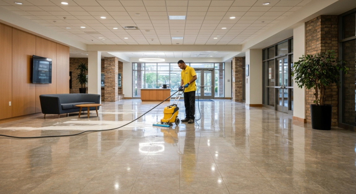 Professional cleaner waxing office floors in an Orlando office lobby.