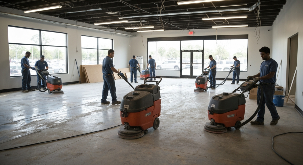 Industrial-grade cleaning equipment being used in a commercial Orlando workspace after construction.