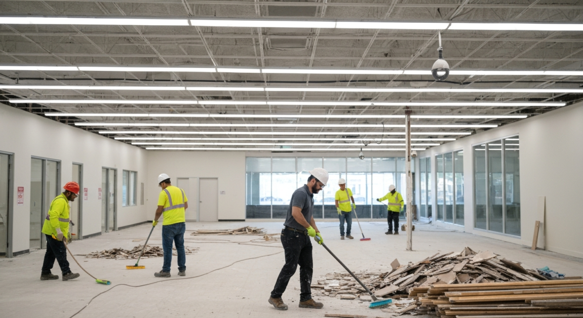 Professional cleaners in safety gear following protocols in an Orlando commercial construction site.