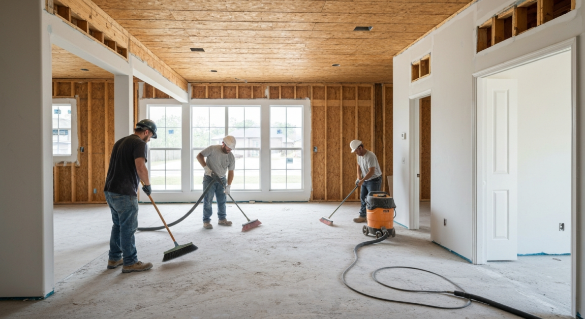 Workers cleaning construction dust and debris in an Orlando home