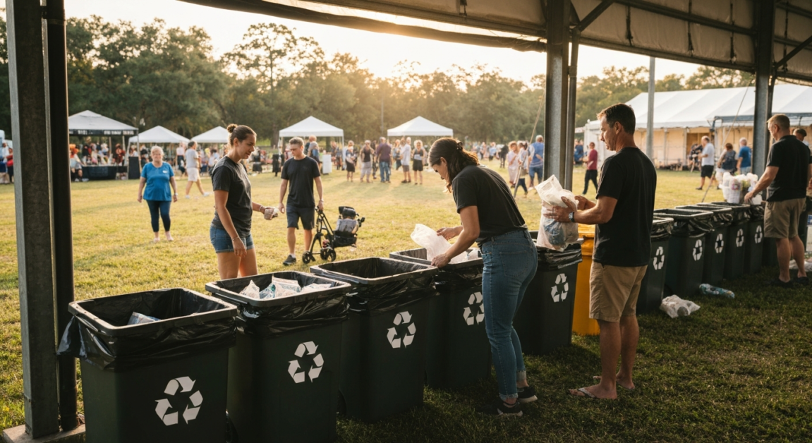 Event organizers sorting waste into recycling bins at an Orlando outdoor event