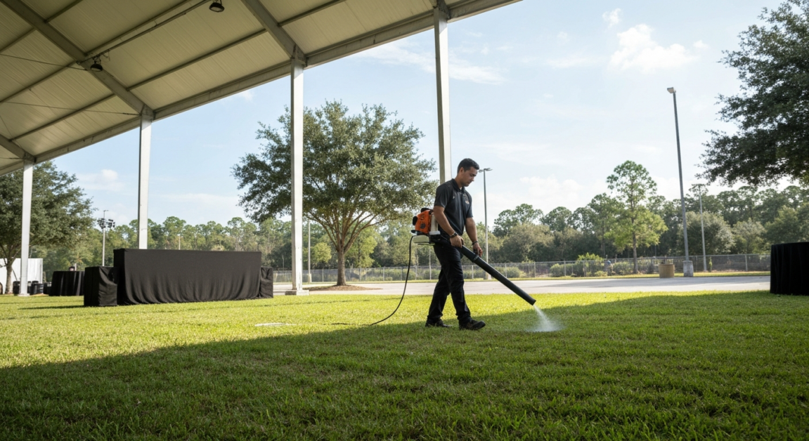 Eco-friendly leaf blower being used on grassy terrain at an outdoor event in Orlando