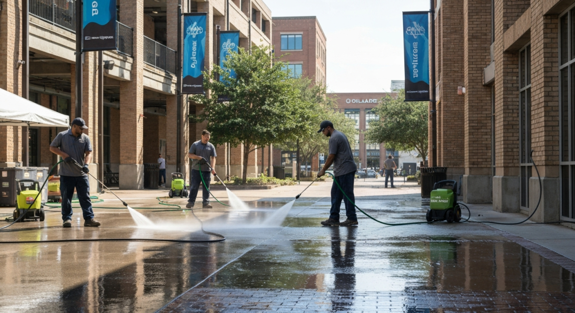 Professional cleaning team using pressure washers on pavement in Orlando