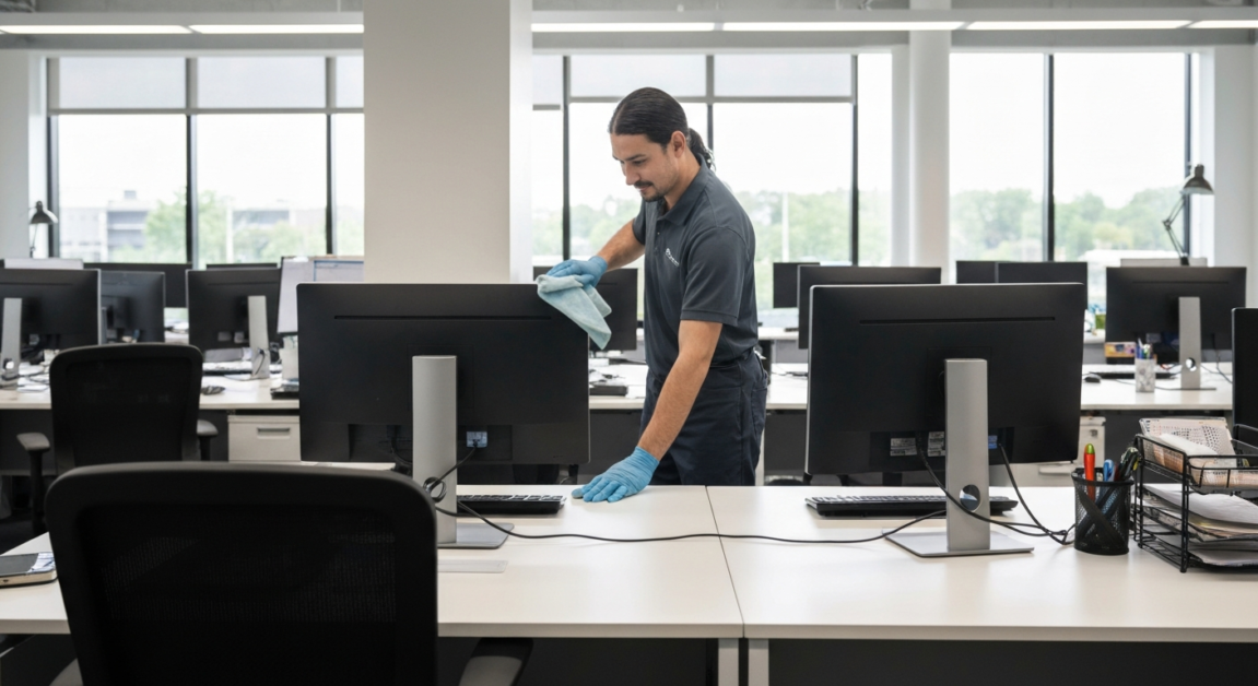 A janitor dusting desks and monitors in an Orlando office, showcasing janitorial services.