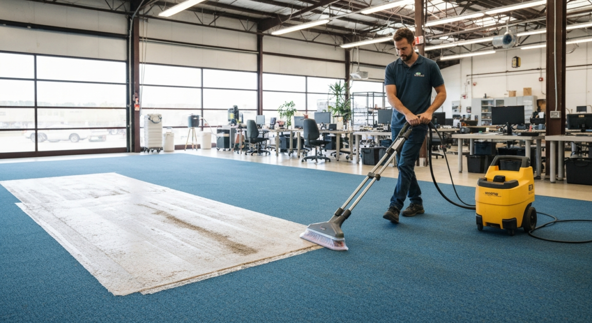 Commercial cleaner using a high-powered carpet cleaner on an office carpet in Orlando.