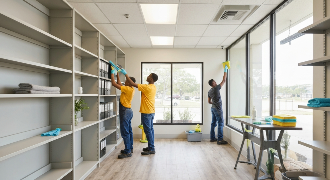 Two cleaners performing dusting and window cleaning in an Orlando office, illustrating combined services.
