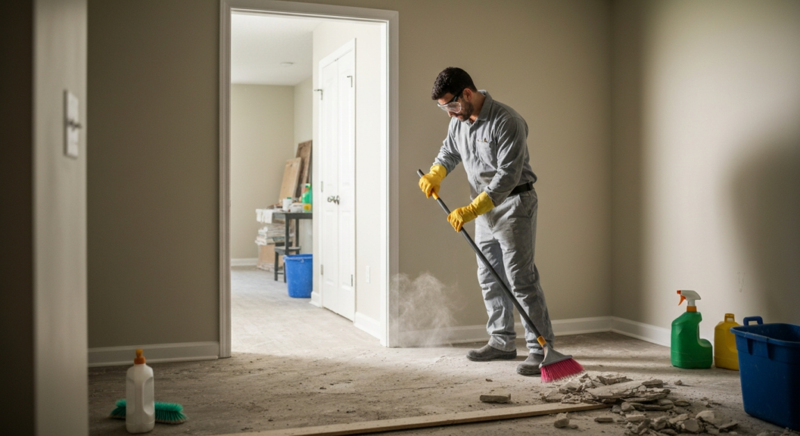 Professional cleaner safely managing hazardous materials during post-construction cleaning in Orlando.