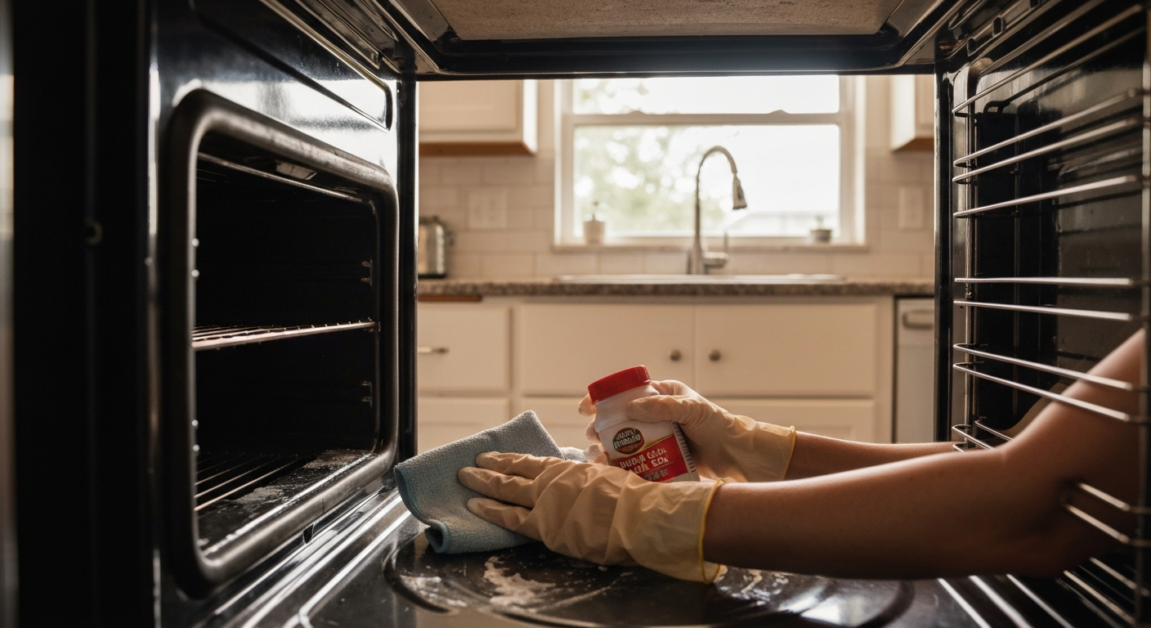 Hands cleaning an oven with baking soda paste for eco-friendly move-out