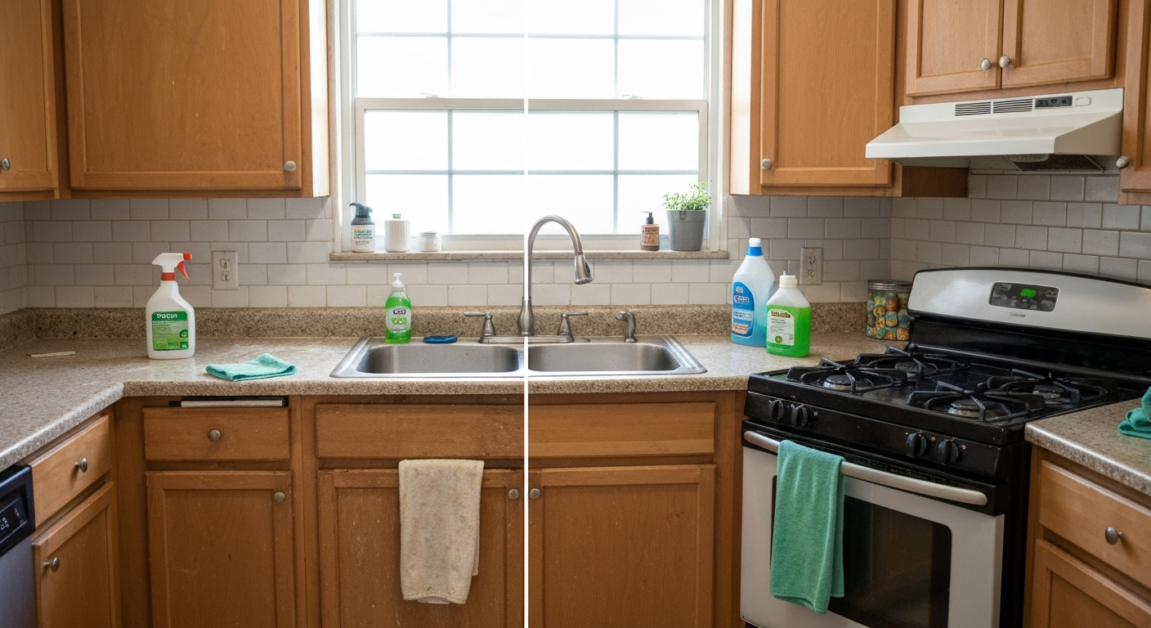 Orlando kitchen showing dramatic before and after deep cleaning results on a sink, stove, and counter.