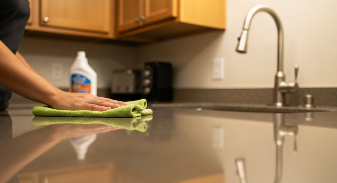 Using minimal cleaning product for a spotless and residue-free result on Orlando kitchen countertops