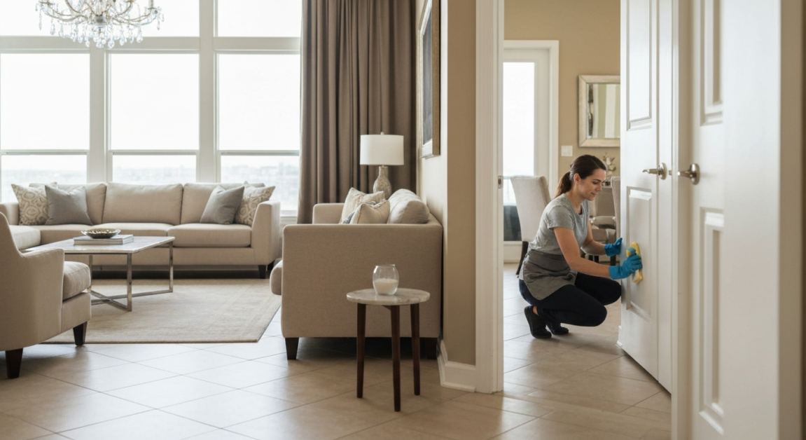 Cleaning a luxury condo in Orlando, highlighting detailed attention to baseboards and high-end fixtures.