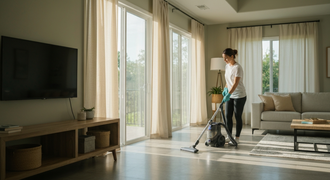 Cleaner using eco-friendly methods with a vacuum in an Orlando home's living area, emphasizing a safety-first approach.