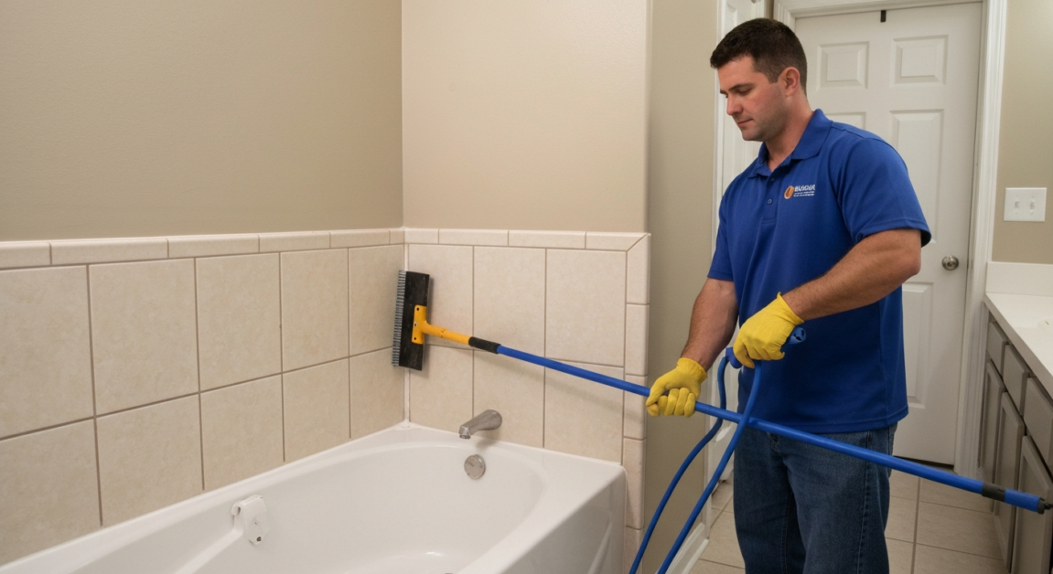 Professional deep cleaning of bathroom grout in an Orlando home.