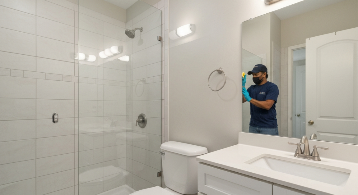 Orlando bathroom showing perfectly cleaned grout, shining glass, and polished fixtures post-deep cleaning.