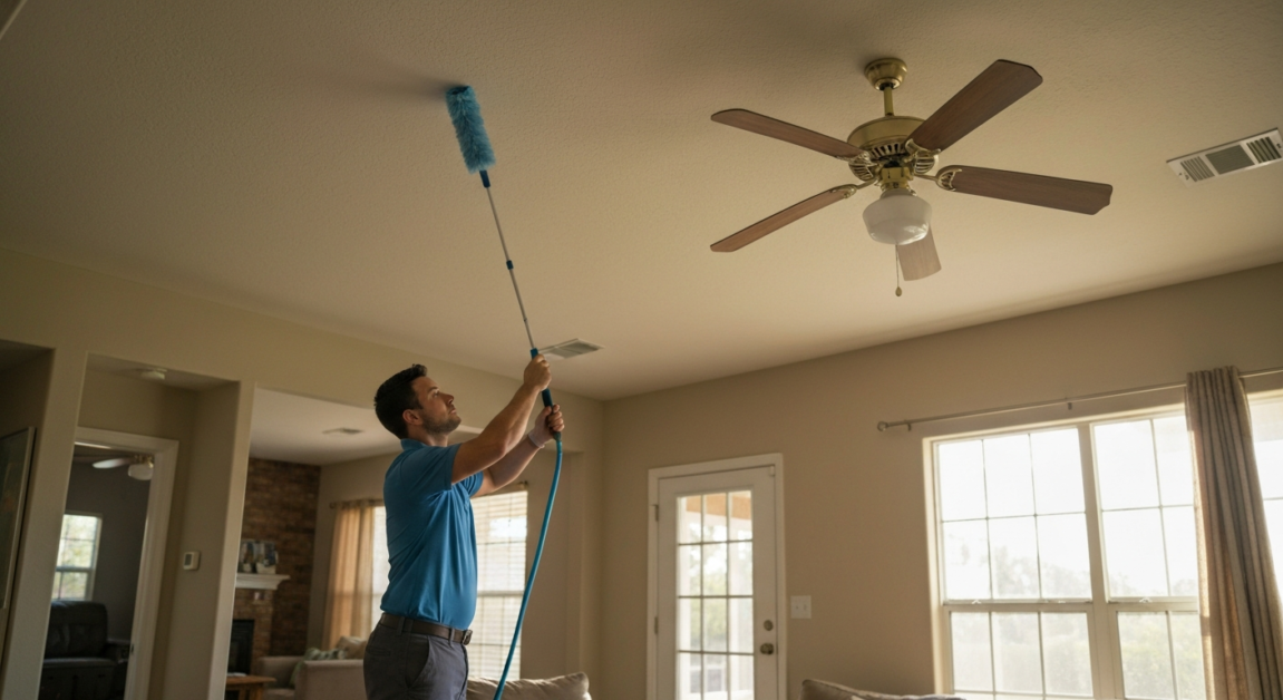 Cleaner using a telescopic duster on a ceiling fan in an Orlando home.