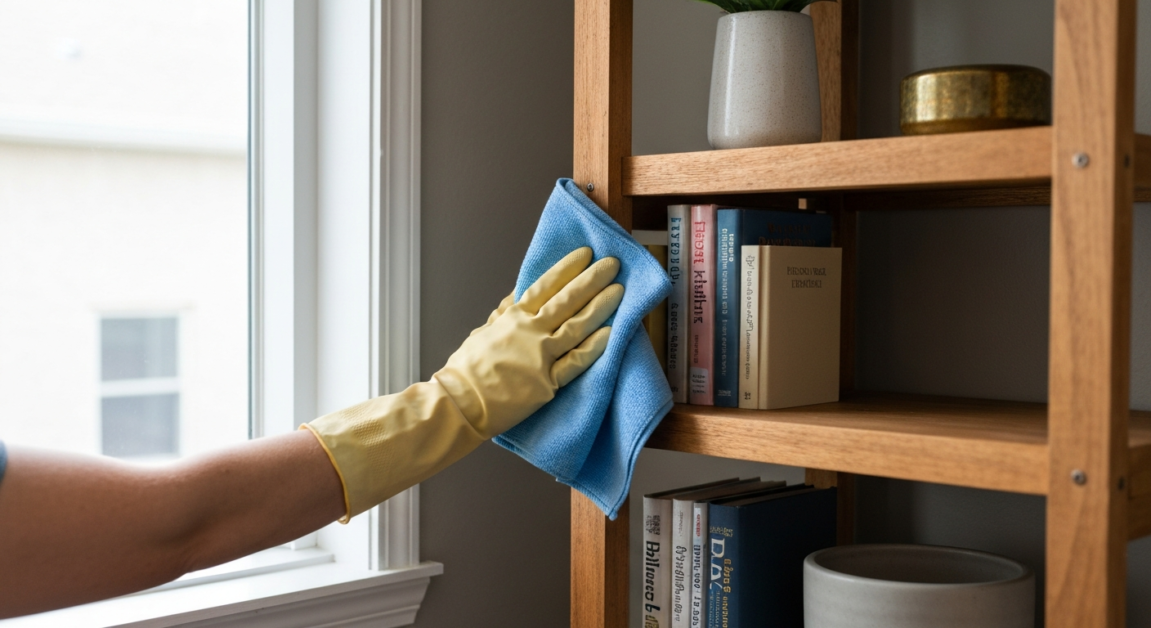 Hands with gloves dusting a shelf with a microfiber cloth in an Orlando rental.